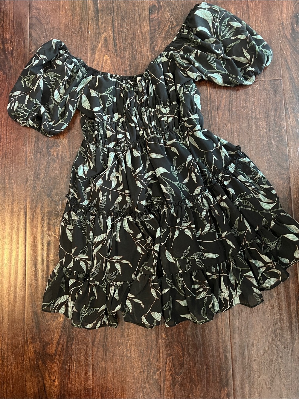 Kids Black Floral Tiered Dress with Puff Sleeves